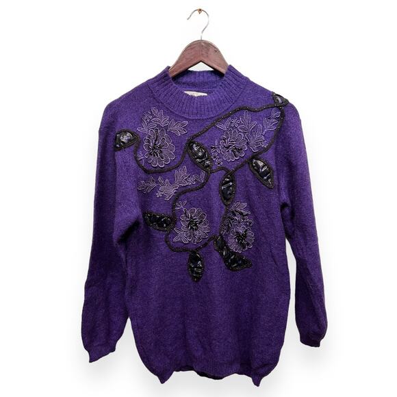 Vintage 80s Purple Mohair Beaded Embellished Sweater Size M/L - Picture 1 of 4